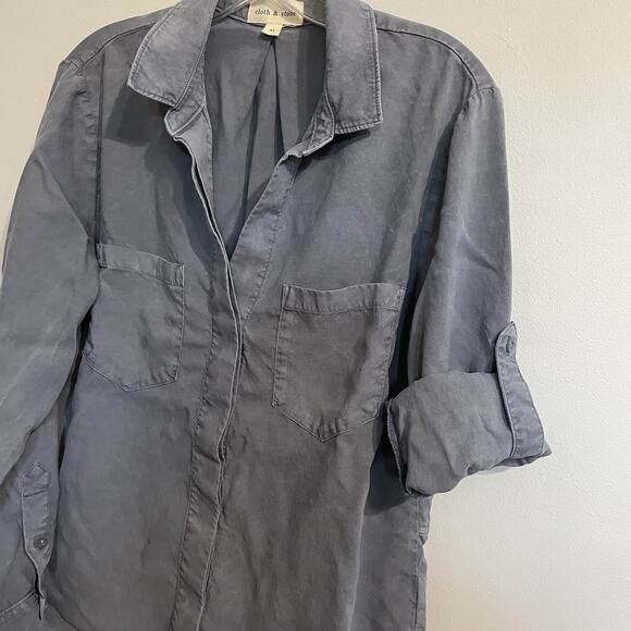 Cloth & Stone Anthropologie Shirt Women Size Medium Blue Tencel Roll Tab Sleeve - Picture 3 of 9